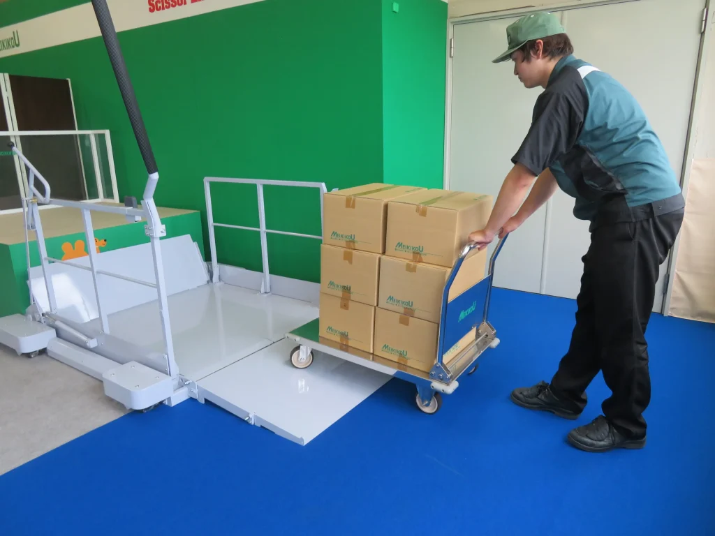 トラックから荷をおろす・積み込む、移動式段差解消用シザーリフト、段差らく～だ、スロープに台車をのせる
